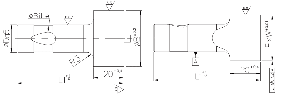 Ball-lock punches for light duty with point larger than shank P_-BJNB / P_-BJN_ plan