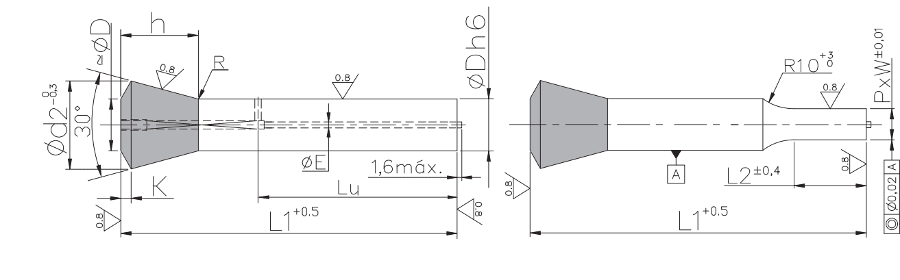 Conical head punches 30° PB-TTEB PB-TTE_ drawing, cutting punches, catalog standard and special, from the Porter Besson brand, from the manufacturer AMDL.