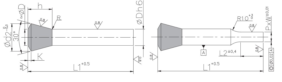 Conical head punches 30° PB-TTNB PB-TTN_ plan, cutting punches, catalog standard and special, from the Porter Besson brand, from the manufacturer AMDL.