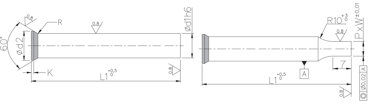 Conical head punches 60° P_-TFNB P_-TFN_ drawing, cutting punches, catalog standard and special, from the Porter Besson brand, from the manufacturer AMDL.