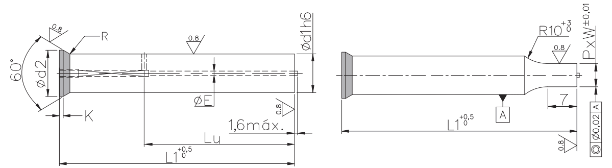 Conical head punches 60° with ejector P_-TFEB / P_-TFE_ plan