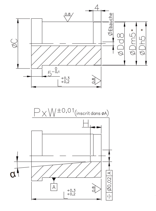 Headed die button with taper relief D_-HM__ D_-HH__ plan