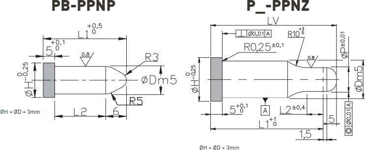 Headed pilots punches PB-PPNP / P_-PPNZ - ISO 8020 plan