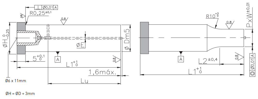 Headed punches with center dowel and ejector P_-PPFB P_-PPF_plan