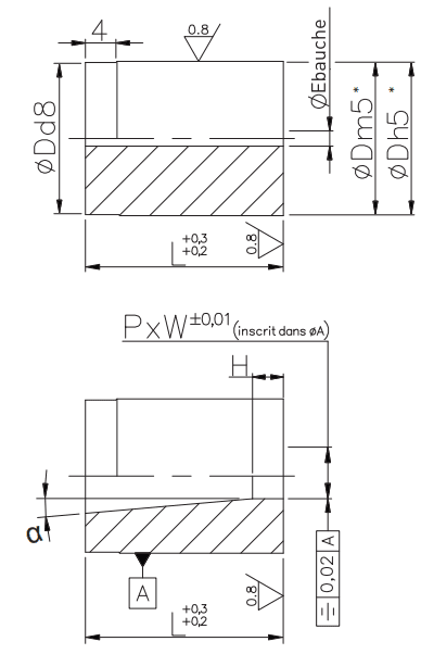 Headless die button with taper relief D_-SM__ D_-SH__