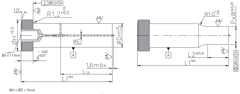 Heavy duty headed punches with center dowel and ejector P_-PTFB P_-PTF_ plan