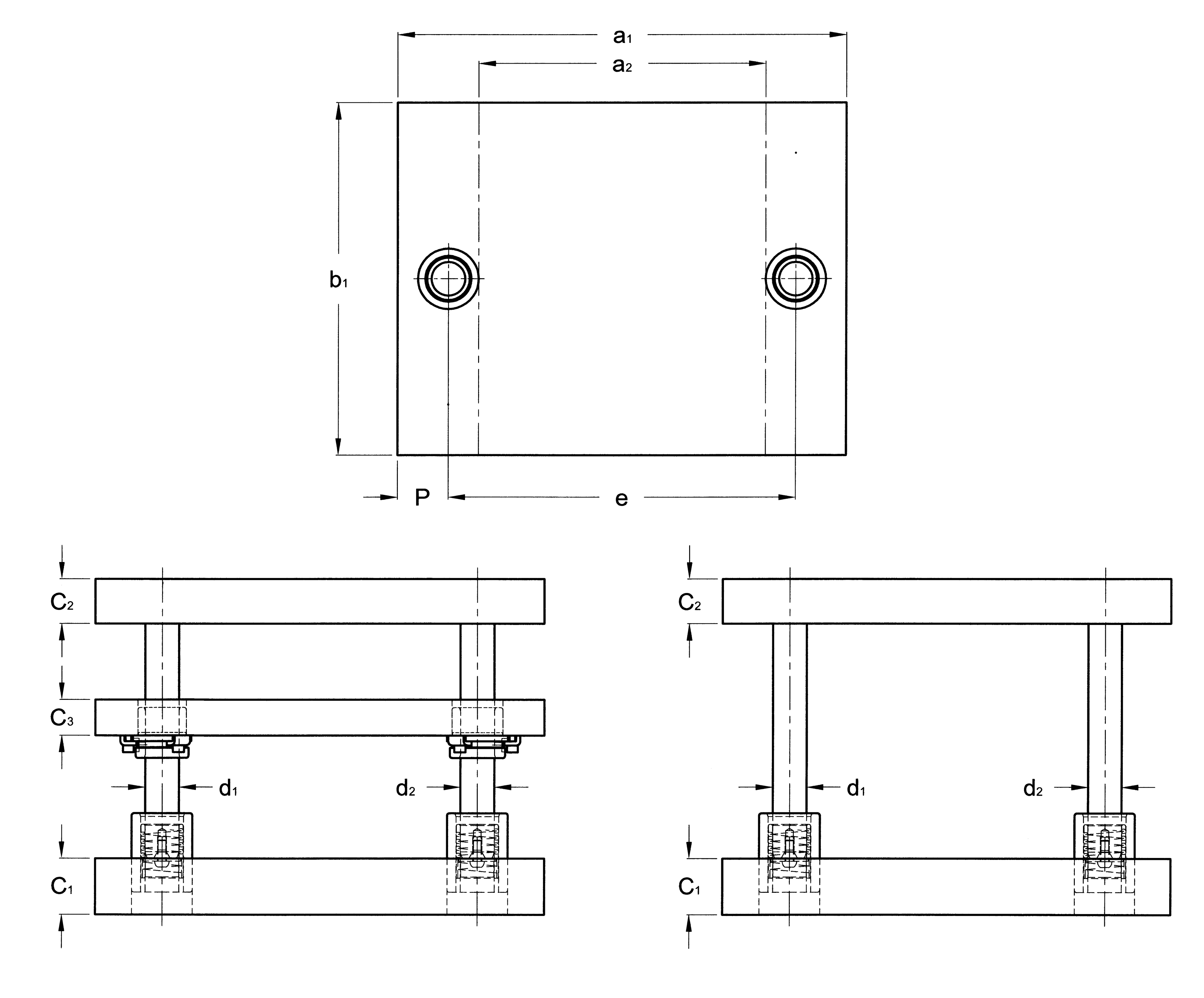 Die sets type D86 and D96 , MDL brand, from the french manufacturer of dis sets and standardized components for press tools AMDL Rectangular die sets with central pillars and ball bearing guides D86 D96 plan