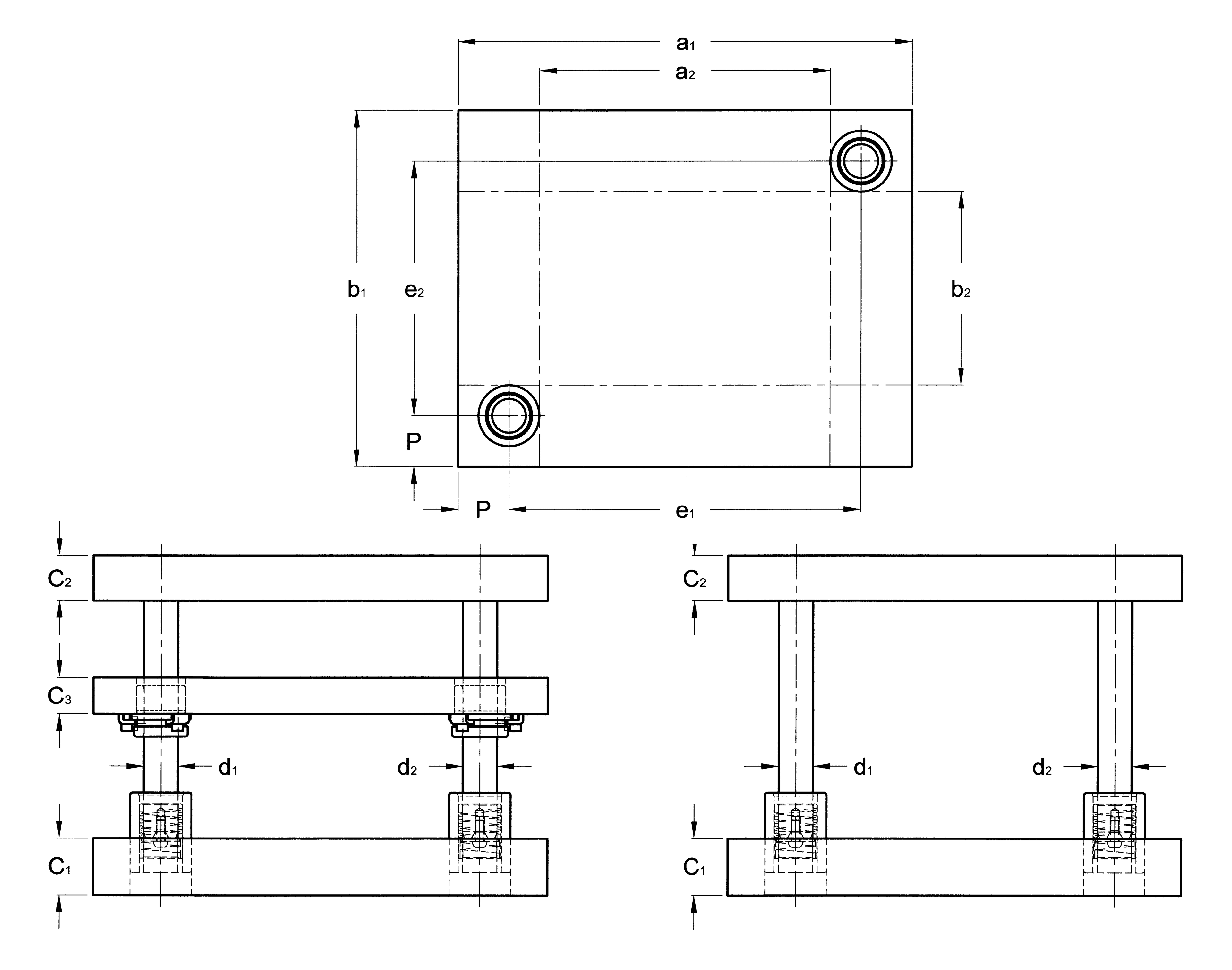 Die sets type D88 and D98 , MDL brand, from the french manufacturer of dis sets and standardized components for press tools AMDL Rectangular die sets with diagonal pillars and ball bearing guides D88 D98 plan