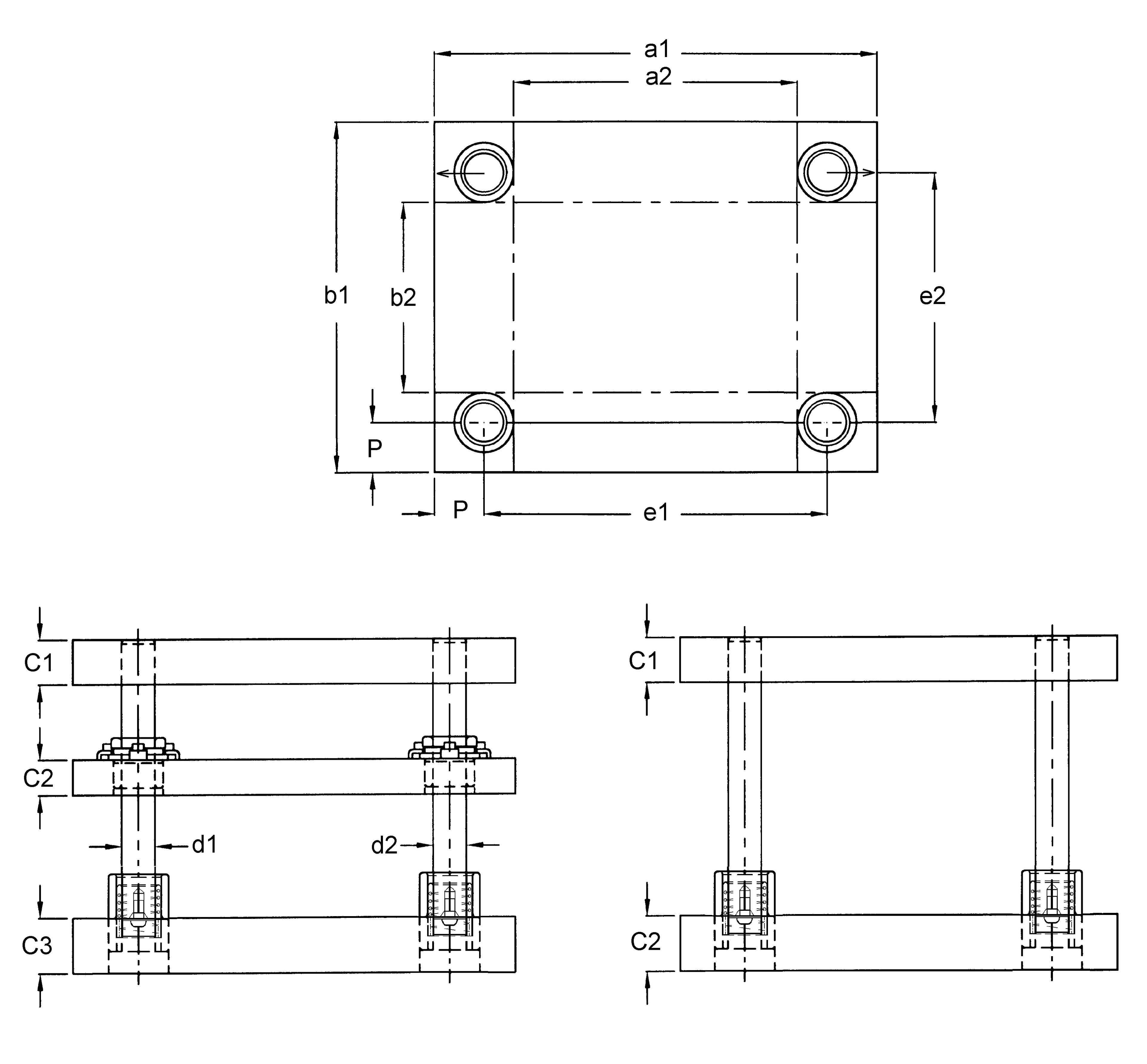 Die sets type D89 and D99 , MDL brand, from the french manufacturer of dis sets and standardized components for press tools AMDL Rectangular die sets with four pillars and ball bearing guides D89 D99 plan