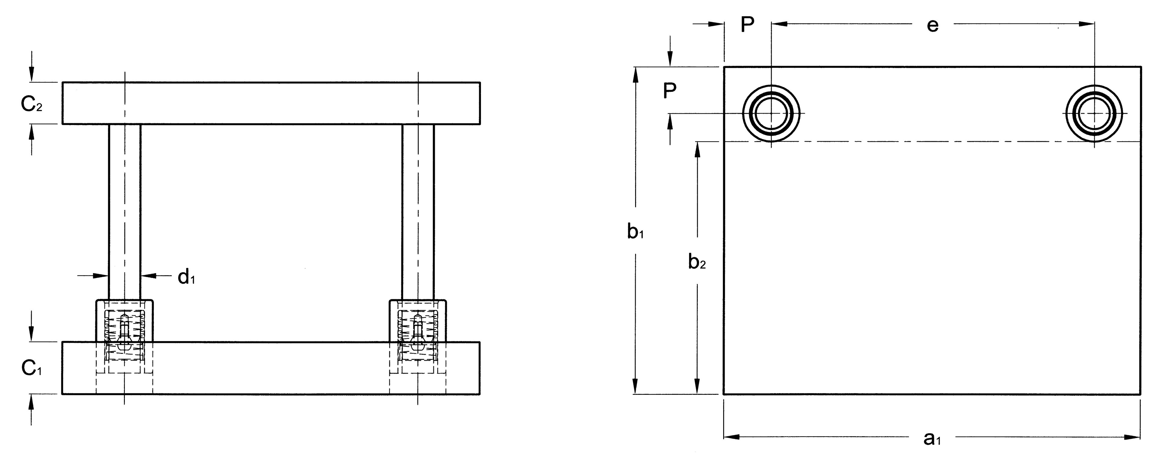 Die sets type D97 and D98 , MDL brand, from the french manufacturer of dis sets and standardized components for press tools AMDL Rectangular die sets with rear pillars and ball bearing guides D97 plan